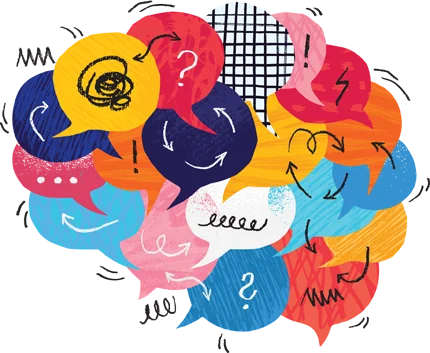 Illustration of overlapping speech bubbles forming the shape of a brain