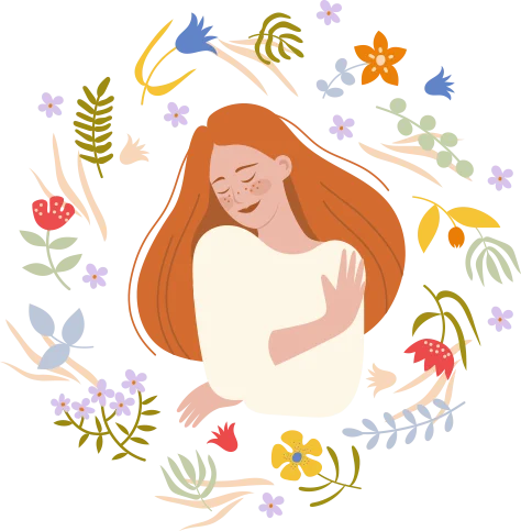 Illustration of a woman embracing herself, surrounded by flowers