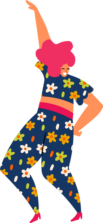 Illustration of a dancing woman in a floral jumpsuit